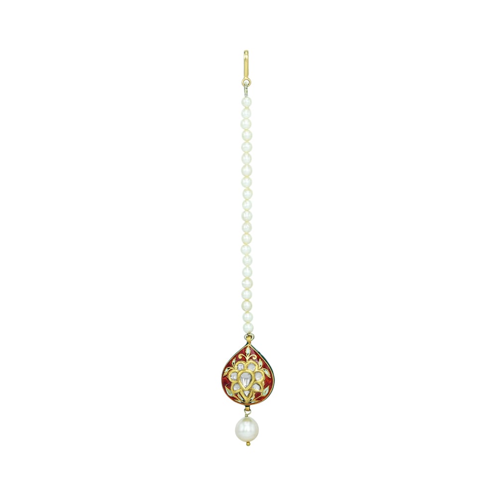 Red Enamel Polki Mangtikka with Pearl Strand and Drop